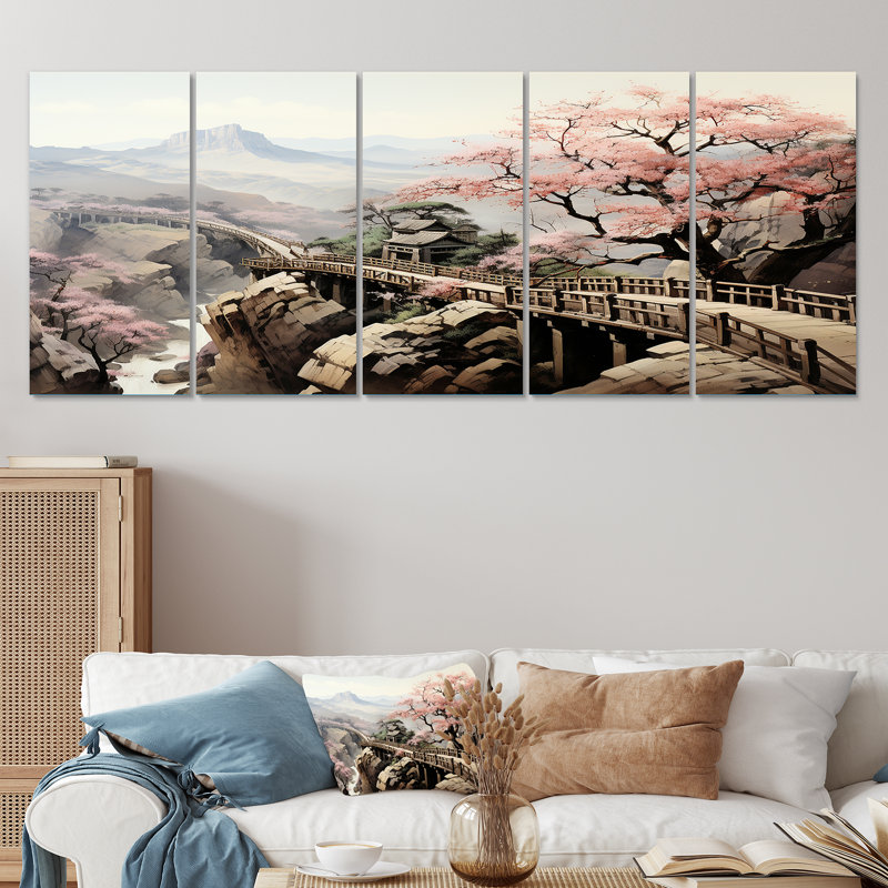 «Pink Floral Japanese Panorama Landscape II - Japon», art mural sur toile 5 pièces, H 32 po x l 80 po