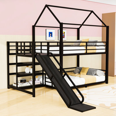 House-Shaped Multi-Functional Metal Bunk Bed with Built-in Stair Storage and Slide