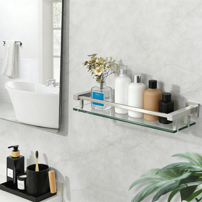 Tablette en verre nickel brossé avec rampe en acier inoxydable - 16 po, Nickel brossé