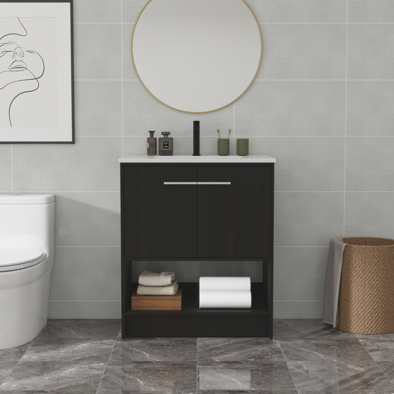 Meuble-lavabo 30 po avec lavabo en céramique, Chêne foncé, Argent argent