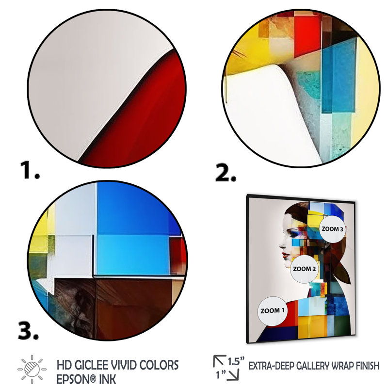 Profil cubiste en rouge, bleu et jaune sur toile, H 20 po x l 12 po x P 1 po, Cadre photo noir