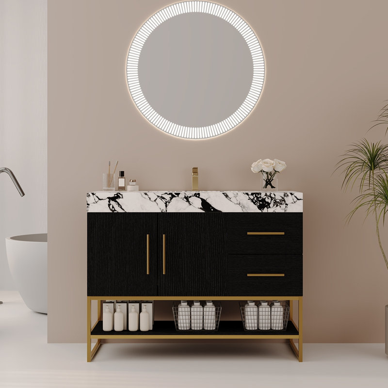 Meuble-lavabo autoportant moderne 36 po avec lavabo en céramique sans couture et plateau en pierre frittée, Center, Black