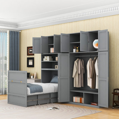 Twin-Size Murphy Bed with Built-In Wardrobe and Shelves,LED lighting