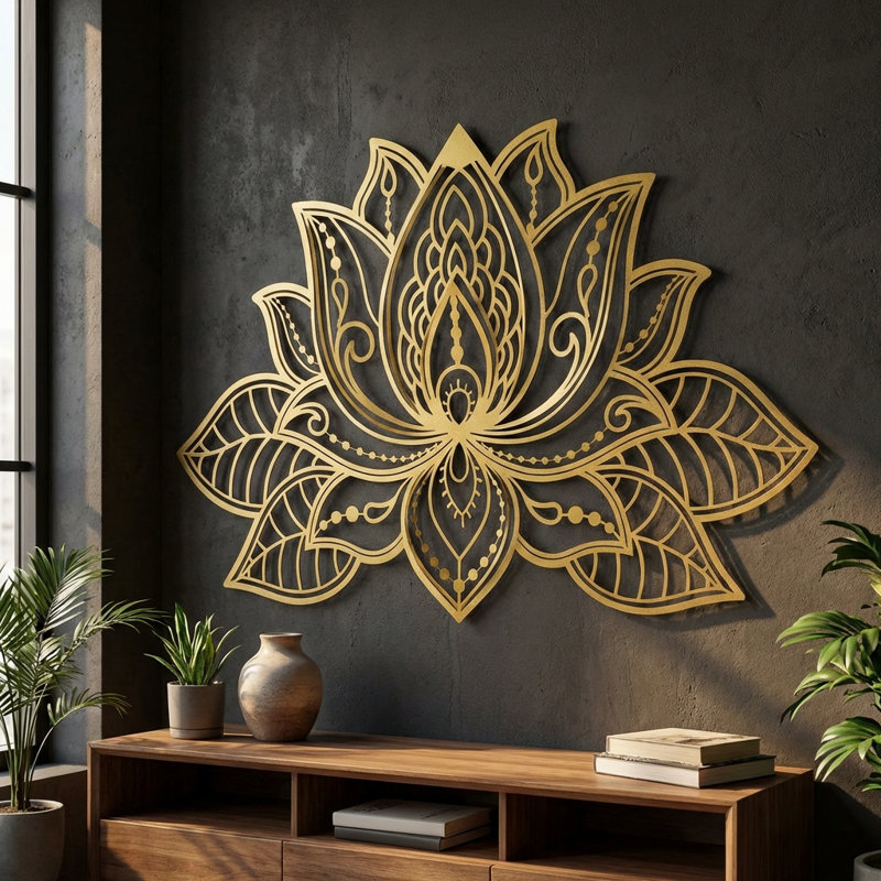 Décoration murale 3D Mandala de lotus - Art mural en métal, H 39 po x l 59 po x P 1 po, Or
