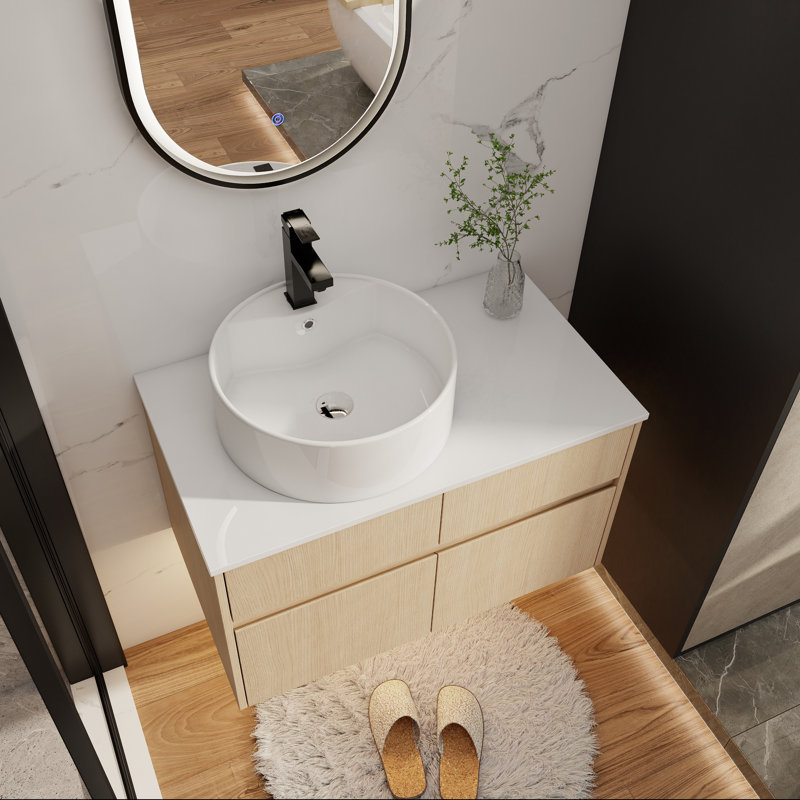 32" Floating Bathroom Vanity with Ceramic Sink and Soft-Close Cabinetry, White Oak