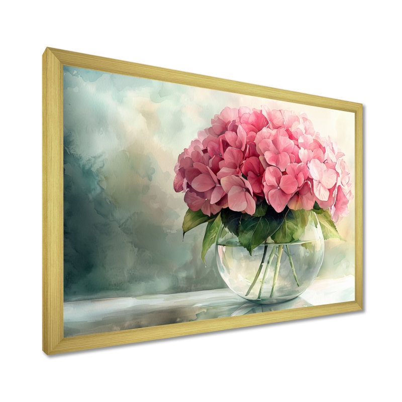 Jacquese Hydrangeas In A Glass Vase I - Hydrangea Wall Art, Reproduction encadrée d'une seule photo, H 34 po x l 44 po, Or
