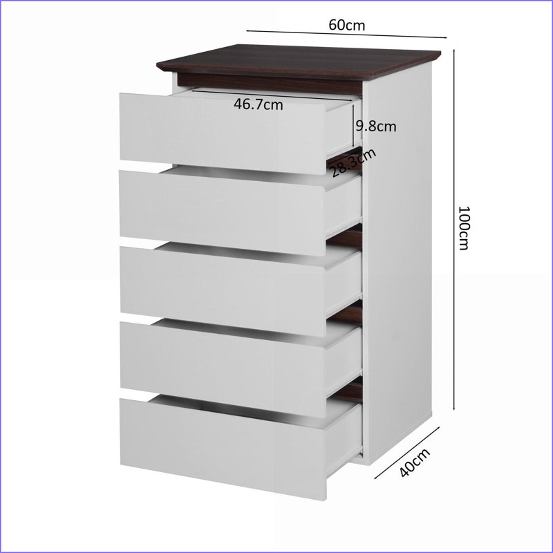 Commode, commode moderne à 5 tiroirs pour la chambre à coucher, blanc Noyer | Panneau de particules | Blanc