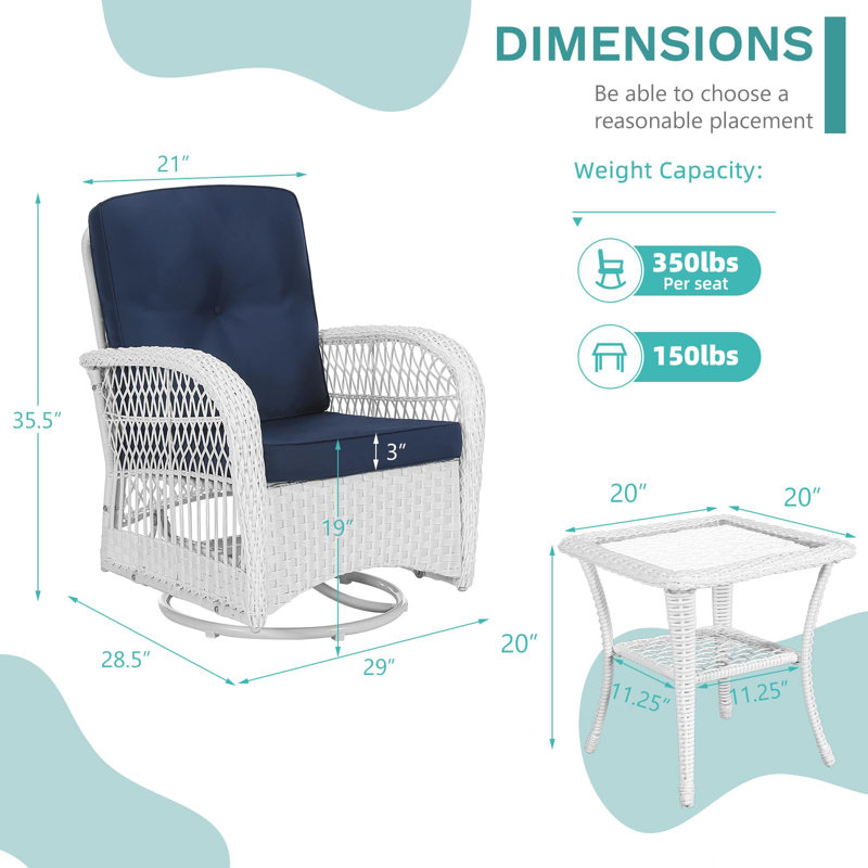 Timmithy Winston Porter 3 Pieces Outdoor Wicker Swivel Rocker Patio Set, Rocking Chairs Rattan Patio Furniture Sets With Thickened Cushion And Glass-Top Coffee Table, Conversation Bistro Set, White Wicker