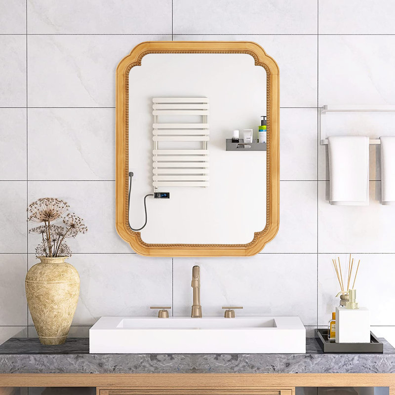 Miroir de pharmacie mural de 31,5 po de hauteur avec cadre en bois et rangement pour la salle de bain Élégante conception de perles, utilitaire durable, armoire de routine à installation rapide avec garniture unique de 24,41 po de profondeur