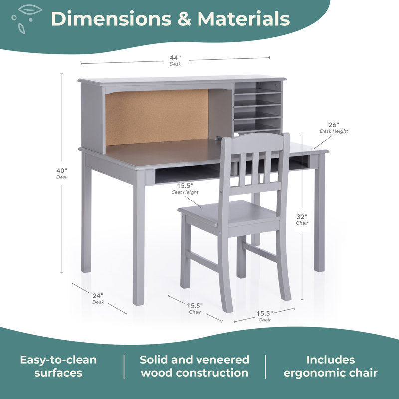 Kids Media Desk Hutch and Chair Set, Gray
