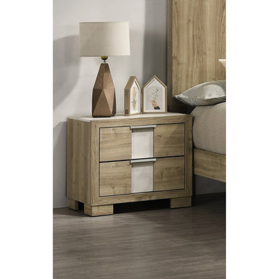 Table de chevet en bois flotté de style contemporain 1Pc avec deux tiroirs, largeur 16,08 po, pièce de rangement pour la chambre à coucher - tiroir pour chambre à coucher, poignée en métal, soupçon de profondeur 24,31 po