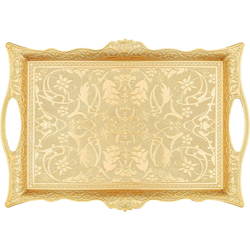 Gold Ottoman Turkish Zamak Serving Tray with Intricate Motifs