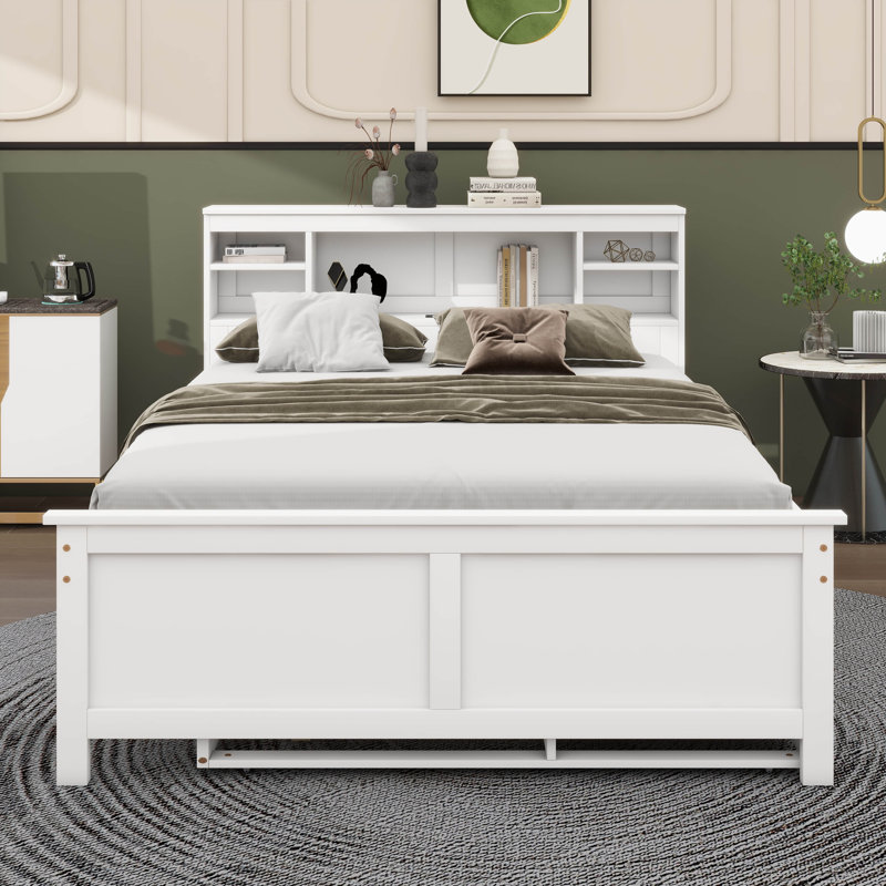 Lit plateforme avec tête de rangement Agnes, USB, lit gigogne et 3 tiroirs Agnes, Double, Blanc