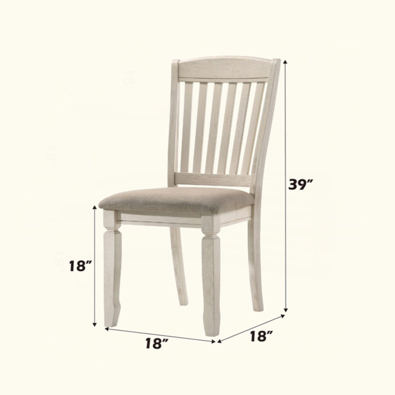 Set Of 2 Dining Chairs With Slat Back, Tan Fabric And Cream Finish