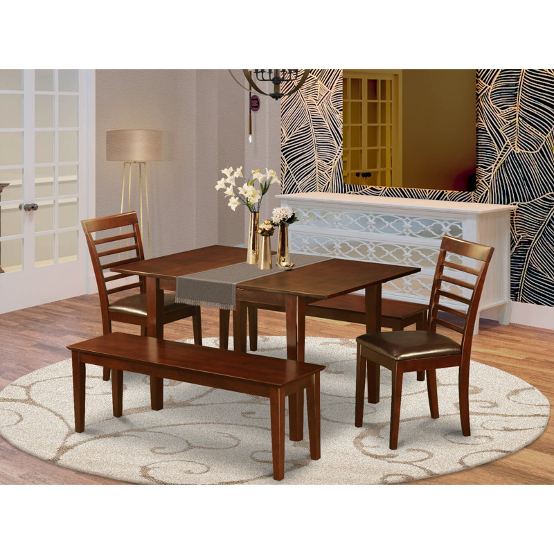 Ensemble de table de salle à manger 5 pièces comprenant une table de cuisine rectangulaire avec rallonge papillon et 2 chaises de salle à manger en similicuir avec 2 bancs, acajou