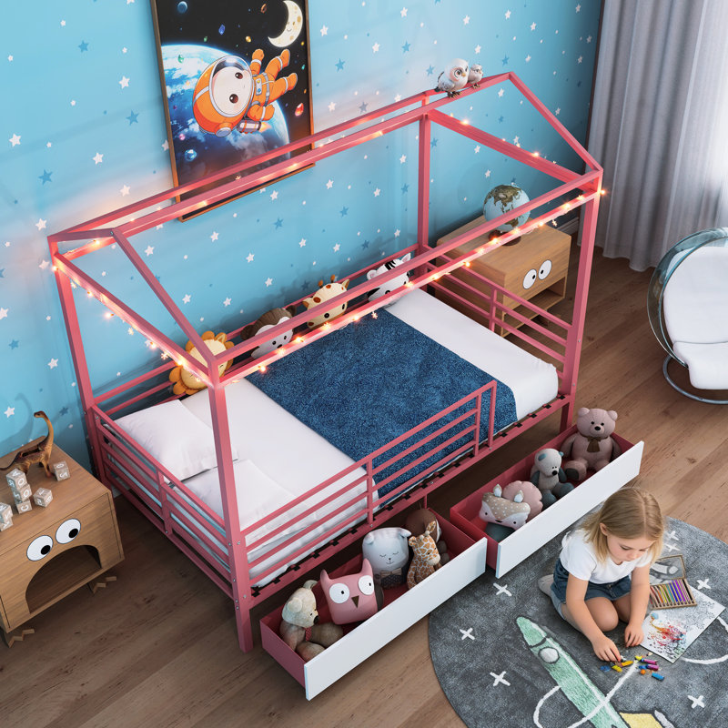 Lit simple rose avec garde-corps et toit pour chambre à coucher en métal, qualité de sommeil basse, aucun sommier requis, garde-corps superposé, cadre dans un coffre-fort requis