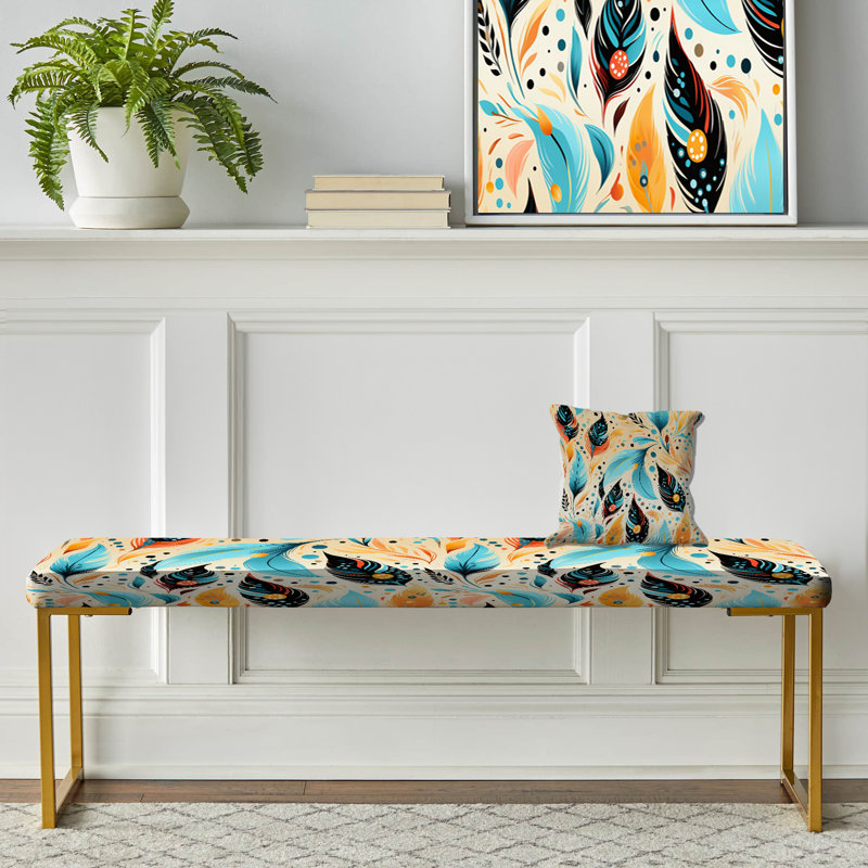 Banc rembourré Boho Gold, Yellow And Blue Eclectic Boho Feather