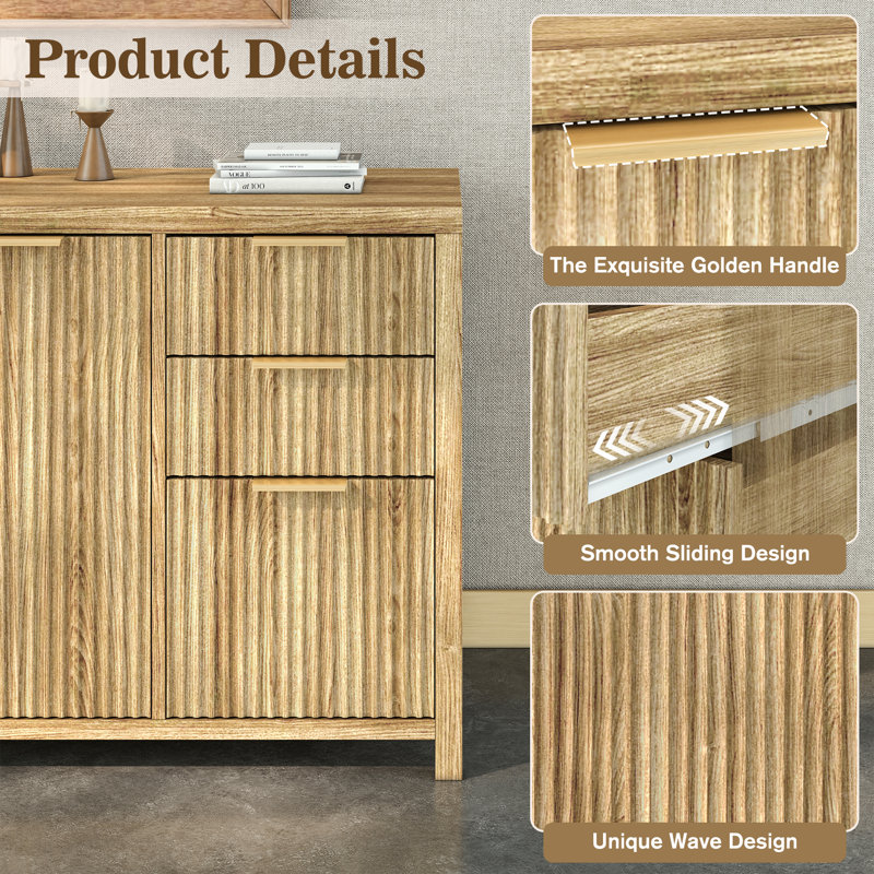 47" Wood Finish Striped Sideboard Buffet Cabinet with 3 Drawers and Adjustable Shelves