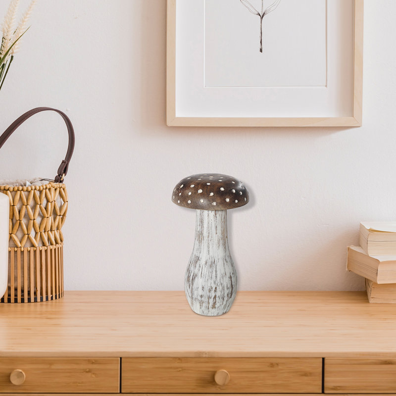 Petit champignon en bois de manguier à pois blancs, H 9 po x l 4,8 po x P 4,8 po