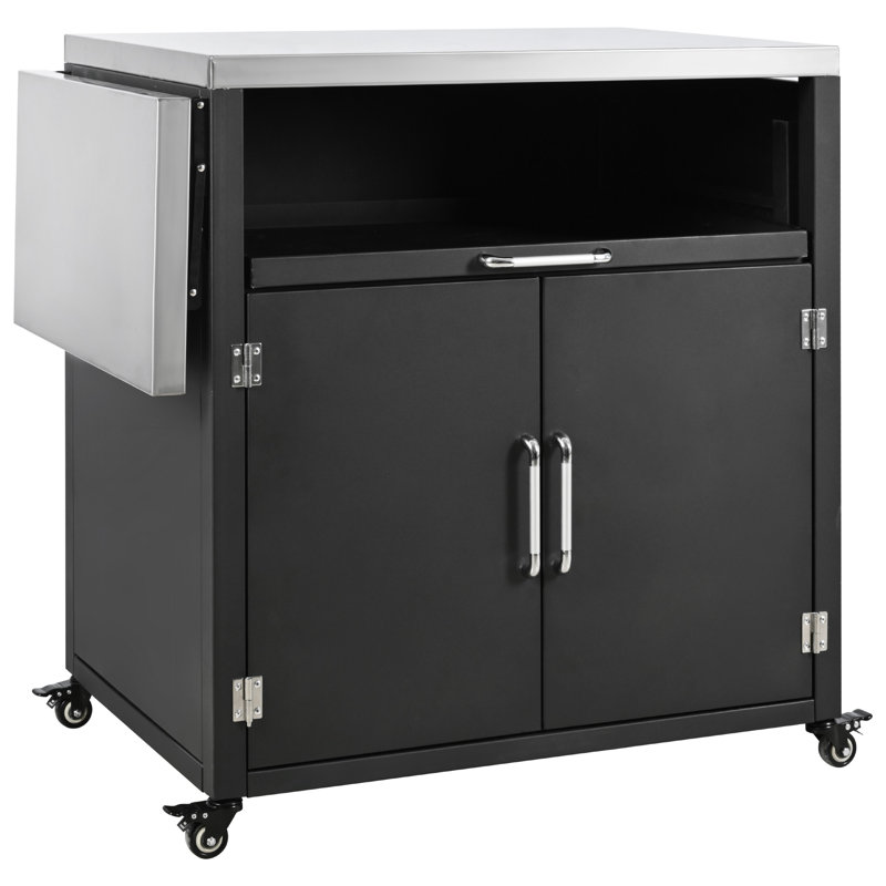Armoire d'extérieur polyvalente avec surfaces de travail pliables et extensibles, grand espace de rangement et roues verrouillables, noir mat