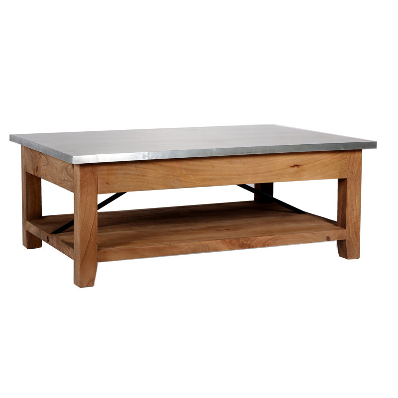 Industrial Rustic Wood and Zinc Metal Coffee Table with Shelf