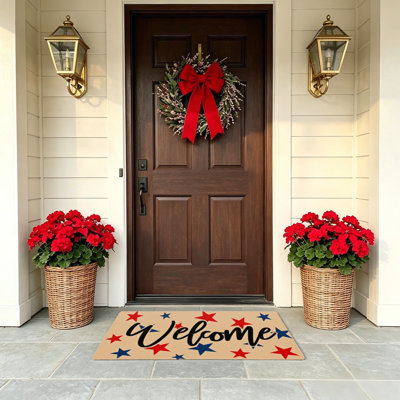 24 x 36 in Memorial Day Welcome Red Blue Star Door Rug, Outdoor Indoor Use