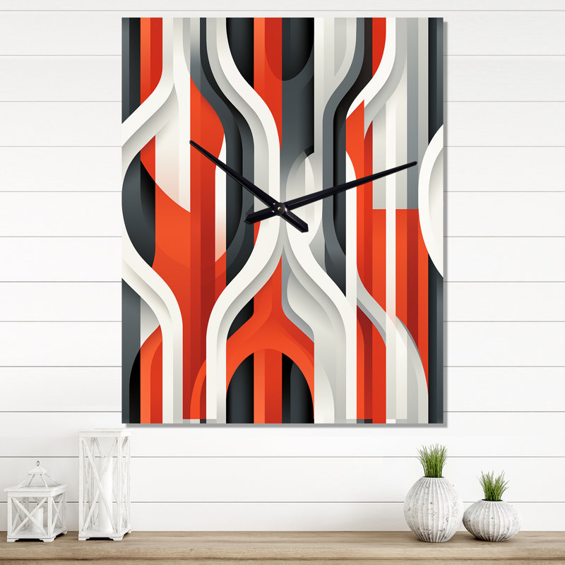 Horloge murale moderne grise et rouge à rayures géométriques, Grand