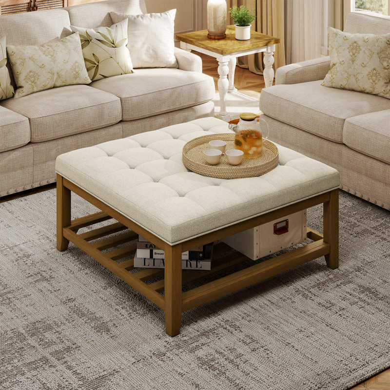 Pouf de cocktail carré capitonné de 81 cm avec structure en bois massif et tablette de rangement ouverte, Ivoire ivoire