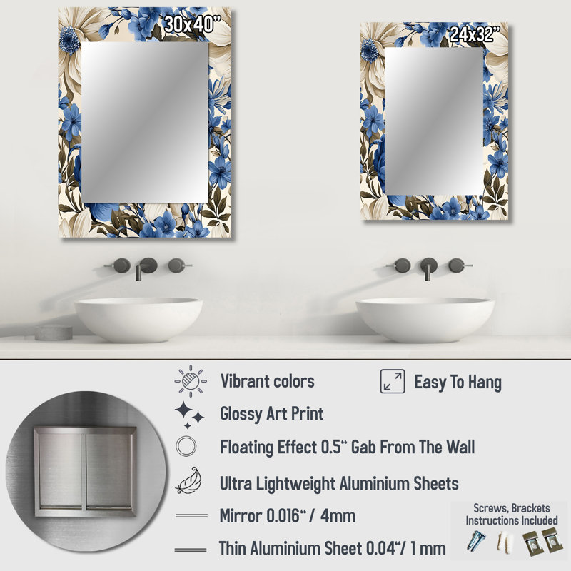Motif victorien de bouquets de fleurs bleues de cobalt de Jaramillo - décor de miroir mural floral unique, 32 po x 24 po