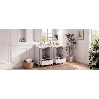 48" Bathroom Vanity Set, Modern Bathroom Vanity With Single Faucet Hole, Textured Door Panels And A Drawer, Pine Legs, Large Storage Space & Soft Close Hinges, White