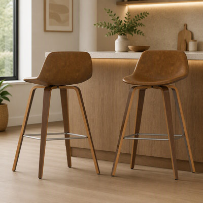 Tabourets de bar de style Mid-Century Modern en bois courbé, repose-pieds chromés en similicuir végan