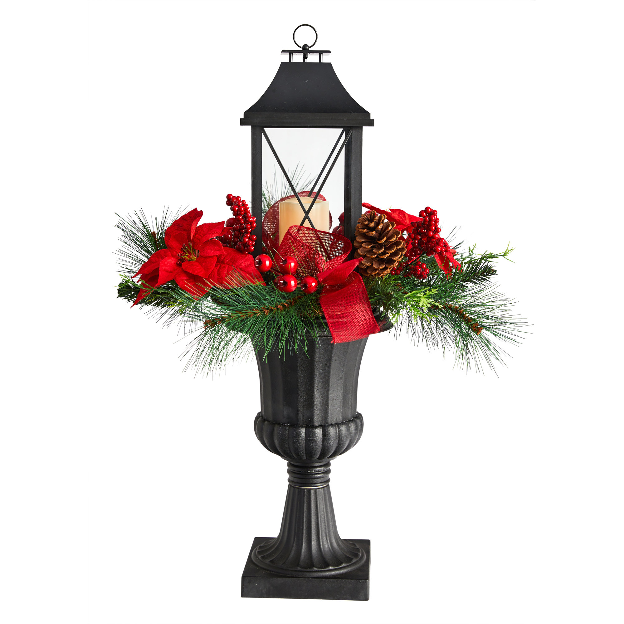 The Holiday Aisle® 33In. Holiday Christmas Berries And Poinsettia With Large Lantern And Included LED Candle Set In A Decorative Urn Porch Decor | Wayfair