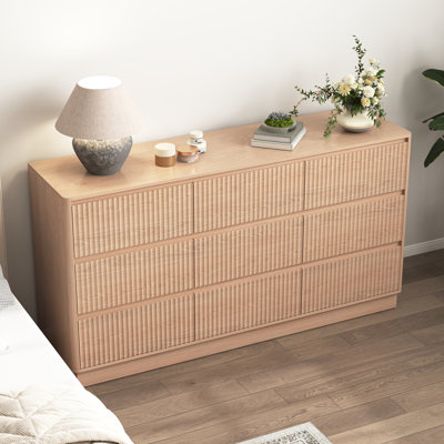 Commode 9 tiroirs pour chambre à coucher avec grands tiroirs, commode en bois, grande commode de plancher, long meuble télé moderne, table d'appoint avec rangement Mid-Century, naturel