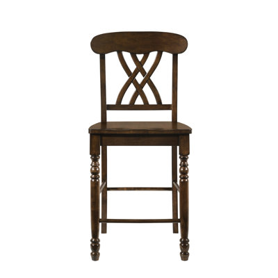 Chaise de comptoir à hauteur de comptoir de 2 avec finition noyer, en bois au design chevauchant Xx, pieds avant tournés, haut sans accoudoir, siège en bois massif, siège en caisson, siège en caisson, capacité de 220 lb, profondeur de 17 po, hauteur de 24 po, 22 po