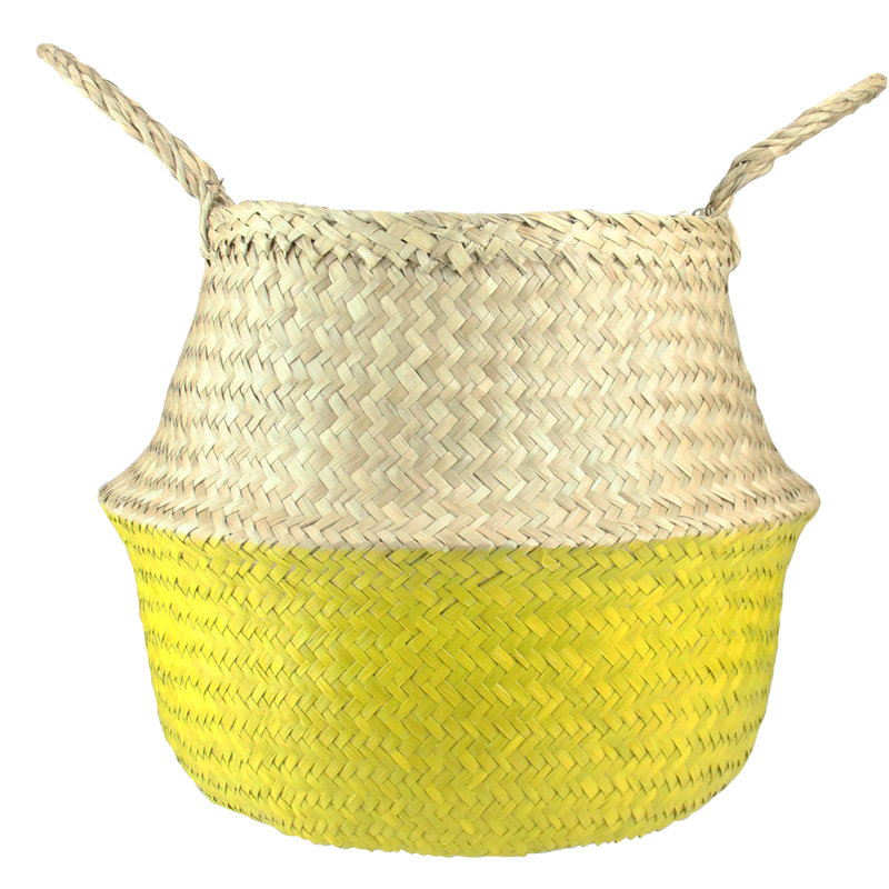 Beige and Yellow Seagrass Belly Basket with Handles