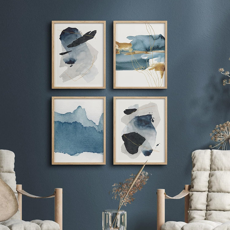 Bleu sarcelle or, coups de peinture pastel - ensemble de 4 reproductions de cadres photo simples, Naturel, H 14 po x l 11 po