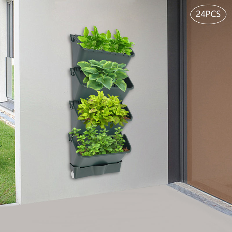 24PCS Set Wall-Mounted Planter With Drainage Basin And Drainpipe, Green