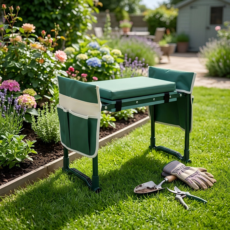 Banc de jardin pliable avec siège à genoux et siège avec coussin EVA extra large et 3 pochettes à outils