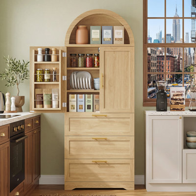 Arched Kitchen Pantry Cabinet with Adjustable Shelf, Doors Drawers, Food Storage Cupboard for Kitchen Dining Room.