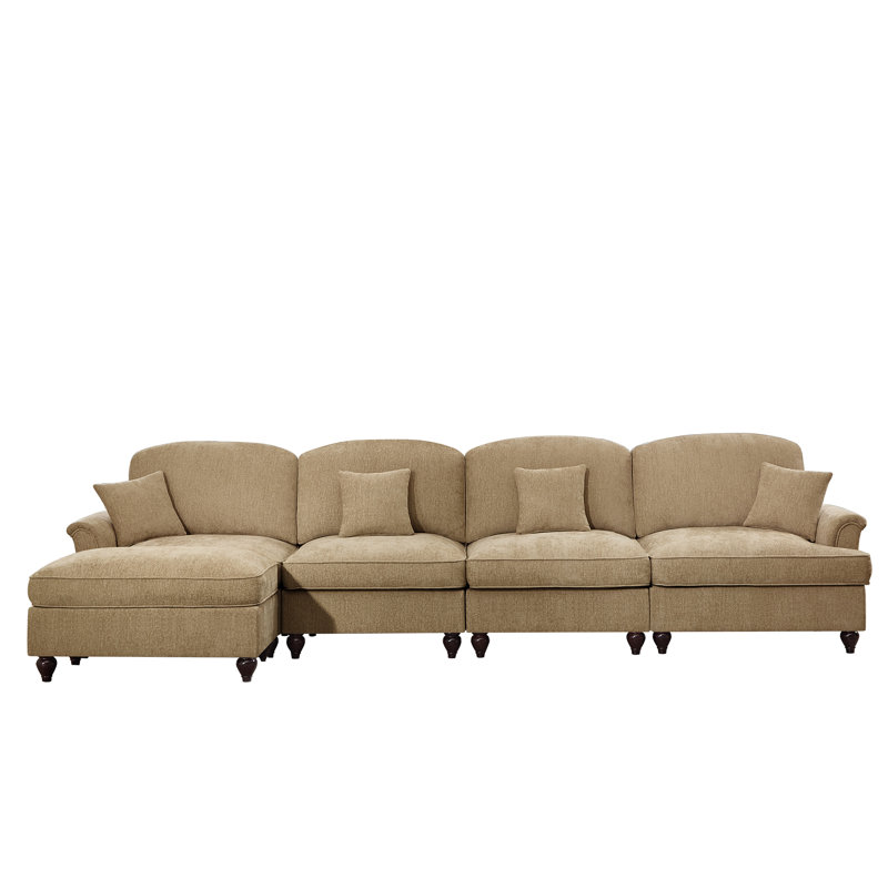 Canapé modulaire classique en L à trois places avec accoudoirs évasés, jupes à plis à volants amovibles et repose-pieds mobile, canapé en chenille confortable