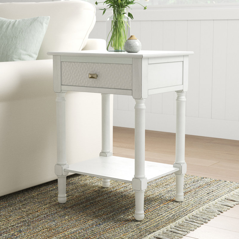 Halton Distressed White Wood Accent Table with Textured Drawer