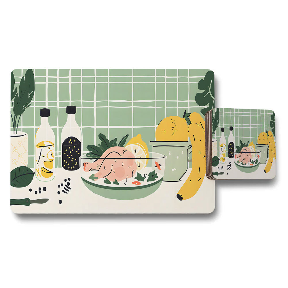 Green Kitchen Placemat And Coaster Set With Fruit Illustration