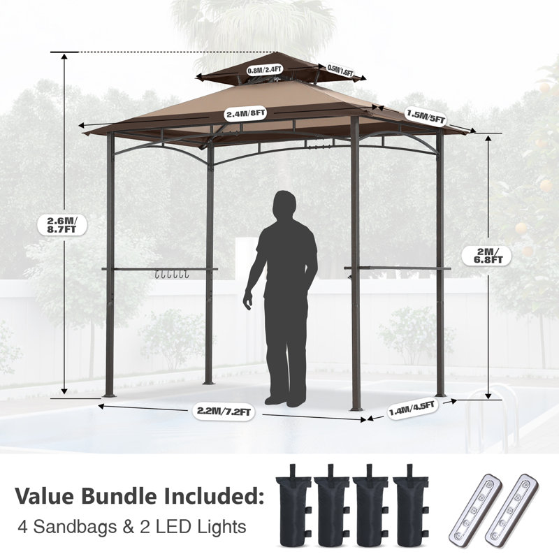 8' W x 5' D Double-Tiered Grill Gazebo with LED Lights, Khaki Brown Bi-Color