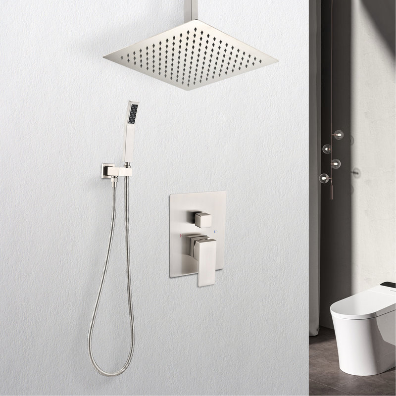 Ceiling Mounted Shower In Brushed Nickel Style. 10" Head & Handheld . Simulates Natural Rainfall. Self-Cleaning Nozzle. Bathroom. Brass Made Gear Handheld. Rainfall . Bathroom .