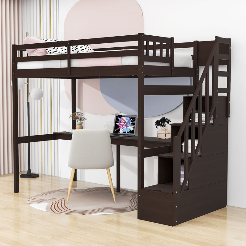 Twin Size Wooden Loft Bed With Built-In Desk And Storage, Espresso