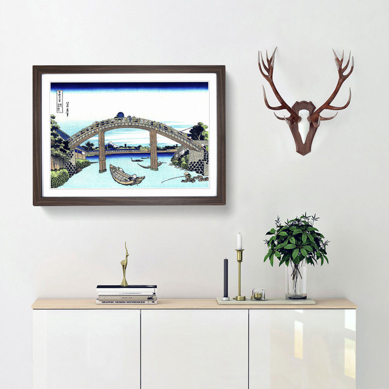 Bridge over the River by Katsushika Hokusai - Picture Frame Painting Print, 27cm H x 36cm W x 2cm D, Walnut Framed
