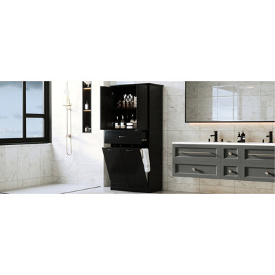 Bathroom Cabinet With Doors - Black 2 Laundry & Portable Home Tipping Feature