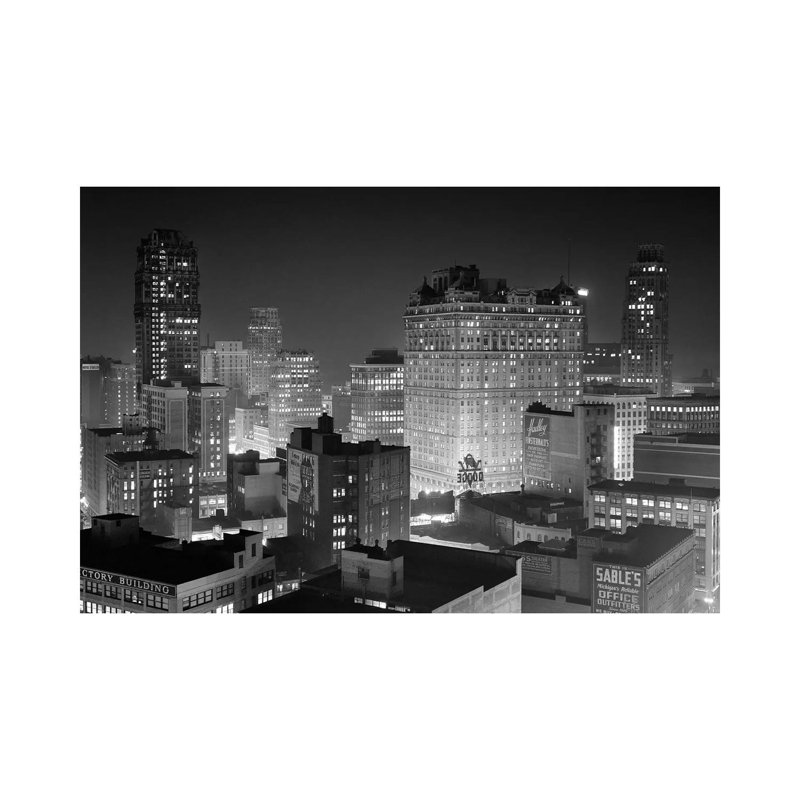 1954 Night Skyline Retail Business Area Detroit Michigan USA 1 Piece Wrapped Canvas Wall Art