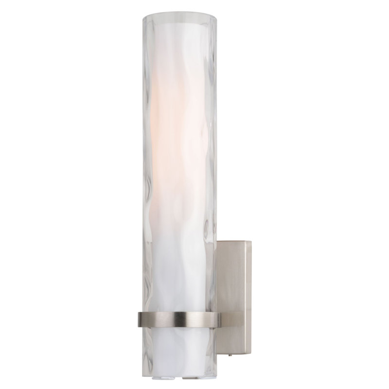 Luminaire de meuble-lavabo de salle de bain contemporain en nickel satiné à une lumière de 4,25 po de largeur Vilo, avec eau claire extérieure, abat-jour en verre opale givré blanc intérieur, à intensité variable, compatible avec DEL, applique murale