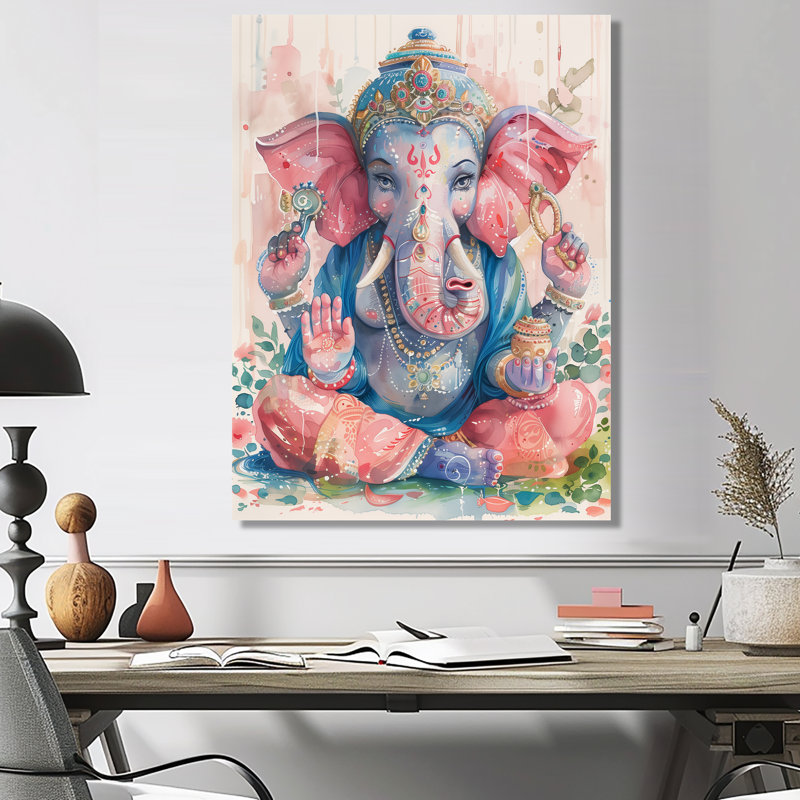 Rose, bleu, Inde, Ganesha II - Art mural indien, Toile tendue, H 12 po x l 20 po